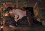  0shlkatsu 2boys ace_attorney barefoot black_eyes black_hair black_pants commentary_request hand_under_clothes hand_under_shirt headband jacket kazuma_asogi looking_at_another lying male_focus multiple_boys oil_lamp on_back pants parted_lips pinwheel red_headband ryunosuke_naruhodo shirt short_hair the_great_ace_attorney unworn_jacket white_shirt yaoi 