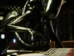 3d_(artwork) 4:3 alien alien_(franchise) all_fours animal_genitalia animal_penis big_penis black_body bodily_fluids crawling digital_media_(artwork) drooling equine_genitalia equine_penis furniture genitals glistening glistening_body glistening_genitalia glistening_penis gynomorph humanoid intersex nude on_table penis saliva snugreptile solo table tail wet wet_body xenomorph