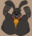 angel_hare angel_zaggy anthro anus big_butt biped buckteeth bulge butt clothing digital_media_(artwork) feet fur grey_body grey_fur hare hi_res lagomorph latchk3y legs_up leporid looking_at_viewer male male_anthro mammal narrowed_eyes open_mouth soles solo squint teeth the_east_patch toes underwear