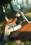  1girl absurdres animal_ears blue_hair blush braid breasts choker cleavage commentary_request cyc_loop goat_ears goat_girl goat_horns green_eyes hair_between_eyes highres holding horns large_breasts long_hair lucia_elowen pointy_ears smile solo yellow_eyes zenless_zone_zero 