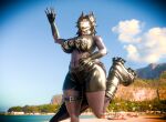 2026 3d_(artwork) anthro beach big_breasts black_body black_boots black_bottomwear black_clothing black_crop_top black_fingerless_gloves black_footwear black_gloves black_hair black_handwear black_shirt black_shorts black_topwear blue_sky bone boots bottomwear breasts canid canine claws clothing cloud collar crop_top day digital_media_(artwork) fangs female fingerless_gloves footwear gesture glistening glistening_body glistening_bottomwear glistening_clothing glistening_gloves glistening_handwear glistening_shorts gloves glowing glowing_eyes hair handwear happy hi_res impaer_jaster inner_ear_fluff long_hair malo mammal midriff mixed_media mountain navel on_one_leg open_mouth open_smile outside photo_background photography_(artwork) platform_boots platform_footwear scp-1471-a scp_foundation sea sharp_teeth shirt shoes shorts skull skull_head skulldog_(species) sky smile solo standing tail teeth thick_thighs topwear tuft water watermark waving wide_hips