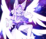 2024 3rdperson_iz 4_toes 5_fingers anthro bottomwear bow_(feature) canid canine claws clothed clothed_anthro clothed_female clothing colored digital_drawing_(artwork) digital_media_(artwork) eyebrows eyelashes feathered_wings feathers feet female female_anthro fingers fox fully_clothed fur glowing hair hi_res inner_ear_fluff long_hair looking_at_viewer mammal monotone_body open_mouth pawpads paws pink_hair pink_pawpads purple_clothing purple_topwear shaded shirt shorts solo spread_wings tail toes topwear tuft white_body white_fur white_hair white_wings wings