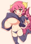  1girl black_panties black_thighhighs breasts commentary covered_nipples curled_horns dragon_girl dragon_horns dragon_tail drill_hair fang hip_bones horns huge_breasts ilulu_(maidragon) kobayashi-san_chi_no_maidragon miyata_gakuman open_mouth oppai_loli panties pink_hair pointy_ears red_eyes skin_fang slit_pupils smile solo standing standing_on_one_leg string_panties tail thighhighs underboob underwear yellow_horns 