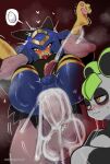 absurd_res anthro anthro_penetrated bear biped blush bodily_fluids cum cum_while_penetrated ejaculation erection fangs feet felid feline femboy genital_fluids genitals group heart_eyes heart_symbol hi_res human human_on_anthro human_penetrating human_penetrating_anthro interspecies leafan_(pal) male male/male male_penetrated male_penetrating male_penetrating_male mammal pal_(species) palmorph palworld pawpads penetration penile penile_penetration penis pocketpair sekhmet_(pal) sex sincastermon soles sweat teeth thick_thighs trio wide_hips