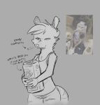 2026 american_opossum anthro arm_tuft bangs beverage_can biped bottomwear can candy_cigarettes cheek_tuft chest_tuft clothed clothing container denim denim_bottomwear denim_clothing ear_piercing ear_ring elbow_tuft english_text facial_tuft female fuel_(artist) grey_background greyscale half-closed_eyes head_tuft hi_res holding_can holding_container holding_object jeans mammal marsupial monochrome mouth_hold narrowed_eyes neck_tuft pants photo_reference piercing reference_image ring_piercing shoulder_tuft simple_background smile solo standing text torn_bottomwear torn_clothing torn_jeans torn_pants tuft virginia_opossum zelda_(fuel)