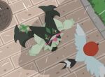 :3 ambiguous_gender anthro beak cloud colored duo feathers feral flat_colors fletchling flying fur generation_6_pokemon generation_9_pokemon grass green_body green_fur high-angle_view looking_up_at_antoher meowscarada nintendo pavement perspective plant pokemon pokemon_(species) raining red_eyes sewer_grate shaded shadow spread_arms standing tail tail_feathers tuft water_droplets ylit