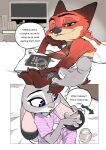 4_fingers absurd_res anthro bed bottomwear brown_body brown_fur butterfish8199 canid canine clothed clothing comic dialogue disney duo english_text european_rabbit eyebrows eyelashes female fingers fox fur furniture green_eyes grey_body grey_fur hi_res inside judy_hopps lagomorph leporid long_ears lying male male/female mammal moisturizer multicolored_body multicolored_fur narrowed_eyes nick_wilde night on_bed on_front open_mouth orange_body orange_fur oryctolagus pajamas pawpads personal_grooming pillow pink_body pink_skin purple_eyes rabbit red_fox scut_tail shirt short_tail speech_bubble tail tan_body tan_fur tank_top teeth text topwear true_fox white_body white_fur zootopia