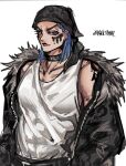  1boy alternate_costume artist_name black_choker black_jacket blue_hair character_name choker commentary english_commentary facial_mark fur_jacket highres jacket jojo_no_kimyou_na_bouken male_focus naru_tomaki paco_laburantes purple_eyes shirt shoulder_tattoo simple_background solo solo_focus tattoo the_jojolands watermark white_background white_shirt 