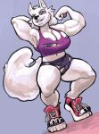 absurd_res anthro areola areola_slip big_breasts biped bottomwear breasts canid canine canis cleavage clothed clothing digital_media_(artwork) female female_anthro flexing footwear full-length_portrait fur grin grinning_at_viewer hi_res latchk3y looking_at_viewer mammal muscular muscular_anthro muscular_female portrait shoes smile smiling_at_viewer solo standing topwear torn_bottomwear torn_clothing torn_topwear wardrobe_malfunction white_body white_fur wolf