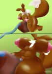 absurd_res anthro big_breasts breasts brown_body brown_fur comic eevee eyelashes female fur generation_1_pokemon genitals hi_res huge_breasts huge_thighs inflation nik0p00tat00 nintendo nipples pokemon pokemon_(species) simple_background solo tail thick_thighs vulva white_body white_fur