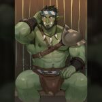 1:1 abs areola armpit_hair balls beard biceps black_hair blue_eyes body_hair bottomwear bulge cerberus_arts clothing detailed_bulge eyebrows facial_hair fangs genital_outline genitals green_body green_skin hair humanoid jewelry loincloth male muscular muscular_humanoid muscular_male navel necklace nipples not_furry orc pecs penis_outline pointy_ears solo teeth underwear