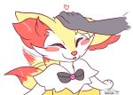 2017 ambiguous_anthro ambiguous_gender anthro biped blep blush bow_tie braixen canid cocothebraixen digital_media_(artwork) dipstick_tail disembodied_hand duo english_description eyes_closed front_view generation_6_pokemon headpat heart_symbol mammal markings nintendo pokemon pokemon_(species) signature simple_background snout solo_focus standing tail tail_markings tail_motion tailwag tongue tongue_out
