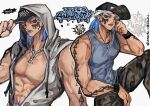 1boy abs alternate_costume arm_tattoo baseball_cap black_hat blue_hair blue_nails blue_tank_top camouflage camouflage_pants character_name facial_mark hand_on_own_face hat highres hood hood_up hoodie jewelry jojo_no_kimyou_na_bouken looking_at_viewer male_focus multiple_views nail_polish naru_tomaki necklace open_clothes open_hoodie paco_laburantes pants purple_eyes shoulder_tattoo simple_background solo solo_focus tank_top tattoo the_jojolands veins watermark white_background white_hoodie wristband 