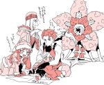  1girl 2boys cloak coat commentary_request curse_maker curse_maker_2 flower flying_sweatdrops fur-trimmed_coat fur-trimmed_headwear fur_trim gloves gunner_(sekaiju) gunner_2_(sekaiju) hood hooded_cloak leg_wrap looking_down monochrome monster multiple_boys open_mouth profile rafflesia_(flower) rafflesia_(sekaiju) rune_master_(sekaiju) rune_master_1_(sekaiju) sekaiju_no_meikyuu sekaiju_to_fushigi_no_dungeon short_hair smile socks spiked_hair suno_(imydream) swordsman_(sekaiju) swordsman_1_(sekaiju) translation_request v-shaped_eyebrows white_background 