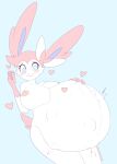 absurd_res anthro belly big_belly blush breasts catedging digital_media_(artwork) eeveelution female fetal_movement fur generation_6_pokemon hair hi_res huge_belly hyper hyper_belly hyper_pregnancy mammal nintendo nipples nude pokemon pokemon_(species) pregnant pregnant_anthro pregnant_female simple_background solo sylveon tail white_body