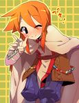  1boy ;) bard_(sekaiju) bard_1_(sekaiju) blue_pants bow cloak closed_eyes closed_mouth commentary_request hair_between_eyes long_hair male_focus one_eye_closed orange_hair pants puffy_pants red_bow sekaiju_no_meikyuu sekaiju_no_meikyuu_2 sidelocks smile solo split_mouth standing suno_(imydream) translation_request w 