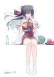  1girl absurdres ascot black_hair blush bottle bow commentary_request detached_sleeves food frilled_bow frilled_hair_tubes frilled_skirt frills fruit hair_bow hair_tubes hakurei_reimu highres long_hair looking_at_viewer noctal_mxix one_eye_closed open_mouth red_bow red_eyes red_skirt ribbon-trimmed_sleeves ribbon_trim simple_background sitting skirt skirt_set smile socks solo touhou twitter_username watermelon watermelon_slice white_socks yellow_ascot 