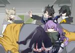  4girls animal_ears arknights arknights:_endfield bird_ears bird_girl black_gloves black_hair black_thighhighs blindfold_mask blonde_hair book chen_qianyu_(arknights) commentary couch dragon_girl dragon_horns eastern_dragon_horns endministrator_(arknights) english_commentary eri_(erikiri) female_endministrator_(arknights) gloves horns mask multiple_girls on_couch open_book perlica_(arknights) purple_eyes purple_hair reading sitting thighhighs typhoeus_(arknights) typhon_(arknights) 