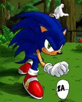 4:5 5_fingers absurd_res anthro black_eyes black_nose blue_body blue_ears blue_hair blue_quills blue_tail closed_frown clothing countershading crouching dragon_ball dragon_ball_z english_text eulipotyphlan fingers footwear forest frown glistening glistening_eyes glistening_nose gloves grass green_eyes grey_background hair hand_on_hip handwear hedgehog hi_res kolsan mammal moss mouth_closed multicolored_clothing multicolored_footwear multicolored_shoes parody plant pose pupils red_clothing red_footwear red_shoes sega shoes short_tail simple_background solo sonic_adventure sonic_the_hedgehog sonic_the_hedgehog_(series) speech_bubble standing tail tan_body tan_countershading tan_inner_ear tan_skin text tree two_tone_clothing two_tone_footwear two_tone_shoes white_clothing white_footwear white_gloves white_handwear white_shoes