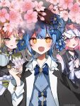  3girls :d belt bird_hat_ornament black_bow black_bowtie black_capelet black_choker black_coat black_hat blonde_hair blue_hair blue_necktie blue_vest bonnet bow bow_flower bowtie braid braided_hair_rings capelet cherry_blossoms choker coat collared_coat collared_shirt commentary_request contrast_collar deerstalker dot_nose f_game_fanart feather_fan flower gradient_hair green_bonnet green_eyes hair_bow hair_flower hair_ornament hair_rings hand_fan hat hat_bow highres holding holding_fan holding_magnifying_glass long_hair long_sleeves looking_at_viewer magnifying_glass mahou_shoujo_no_majo_saiban making-of_available multicolored_hair multiple_girls neck_ribbon necktie open_mouth pink_eyes pink_hair plaid_hat ribbon sakuraba_ema shirt short_hair sleeveless sleeveless_coat smile sparkling_eyes straight-on tachibana_sherry tono_hanna twintails unmoving_pattern vest white_hair white_ribbon white_shirt white_sleeves yellow_eyes 
