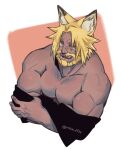  1boy :d animal_ears bara bare_pectorals beard biceps blonde_hair cat_boy cat_ears commentary_request connected_beard facial_hair final_fantasy final_fantasy_xiv full_beard large_pectorals looking_at_viewer male_focus mature_male muscular muscular_male mustache original pectoral_squeeze pectorals ran-kun_(shi) roegadyn shi_(pixiv_24993110) slit_pupils smile solo thick_beard thick_eyebrows thick_mustache undressing warrior_of_light_(ff14) 
