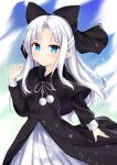  1girl absurdres birthday black_bow black_dress blue_eyes bow capelet commentary_request dress hair_bow half_updo happy_birthday highres len_(tsukihime) long_hair long_sleeves looking_at_viewer melty_blood official_alternate_color pointy_ears ribbon skirt smile solevr3 solo thighhighs tsukihime white_hair 