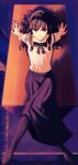  1girl absurdres black_bow black_eyes black_hair black_hairband boots bow bowtie breasts commentary_request crossed_legs full_body grin hair_ornament hairband highres knee_boots leaning_back leg_up long_hair long_skirt long_sleeves looking_at_viewer nagidazo pleated_skirt purple_boots purple_skirt shirt shirt_tucked_in sitting skirt sleeve_cuffs small_breasts smile solo teeth tohno_akiha tsukihime tsukihime_(remake) white_shirt 