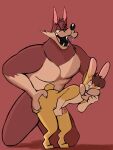 anthro billy_buns canid canine canis digital_media_(artwork) duo erection fangs from_behind_position genitals hank_howell_(piti_yindee) hi_res humanoid_genitalia humanoid_penis kimbies214 lagomorph leporid male male/male mammal masturbation nude penis rabbit red_background sex simple_background size_difference teeth wolf