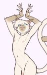 anthro blep blue_sclera blush body_blush brown_ears dipstick_tail domestic_cat felid feline felis fingerless_(marking) fingerless_gloves_(marking) genitals gloves_(marking) inner_ear_fluff long_tail male mammal markings navel nekodoiko nipples nude penis penis_base penis_blush pink_tongue raised_arms simple_background slim solo tail tail_markings tan_body tongue tongue_out tuft