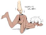 1boy ass barefoot black_panties closed_eyes colored_eyebrows commentary_request dark-skinned_male dark_hunter_(sekaiju) dark_hunter_3 dark_skin feet fingernails flying_sweatdrops full_body male_focus open_mouth panties sekaiju_no_meikyuu sekaiju_no_meikyuu_1 shirt short_hair simple_background soles solo_focus suno_(imydream) toes translation_request underwear underwear_only wedgie white_background white_hair white_shirt 