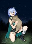  1girl absurdres animal_ears blue_hair blush braid breasts capybara choker cleavage goat_ears goat_girl goat_horns green_eyes hair_between_eyes highres holding horns large_breasts long_hair looking_at_viewer lucia_elowen open_mouth pointy_ears short_hair smile solo user_wdgj5732 yellow_eyes zenless_zone_zero 