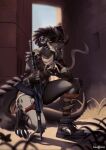 2023 5_fingers alley anthro ashe_colter black_shoelace bottomwear brown_grass buckle cigarette cigarette_smoke clawed_hands claws clothing deathclaw digital_media_(artwork) eyebrows fallout fangs femboy fingers gun hand_wraps head_horn head_ridge hi_res holding_cigarette holding_object horn hotpants kehushka long_tail looking_at_viewer male microsoft orange_eyes ranged_weapon ripped_shoes scalie shadow shoelaces shorts signature smoke smoke_trail solo tail teeth toe_claws weapon white_undershirt wraps