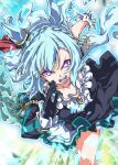  1girl animal_ears asymmetrical_gloves bare_shoulders black_dress black_gloves blue_hair blush braid breasts center_frills commentary_request crown_braid day dress ear_ornament ear_ribbon frills gloves grass highres horse_ears horse_girl horse_tail long_hair looking_at_viewer medium_breasts mejiro_ardan_(crystalline)_(umamusume) mejiro_ardan_(umamusume) mismatched_gloves off_shoulder open_mouth outdoors purple_eyes racetrack running sky solo tail umamusume white_gloves zukki_(bijitaru) 