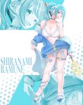  1girl bikini black_choker blue_hair blue_jacket blue_sarong breasts calf_strap character_name choker dr.sunoa earrings english_text hair_ornament heart heart_hair_ornament heart_tattoo highres holding holding_polearm holding_weapon jacket jewelry large_breasts looking_at_viewer multicolored_hair open-toe_shoes open_clothes open_jacket open_mouth polearm ponytail red_eyes sarong shiranami_ramune single_earring smile solo streaked_hair swimsuit tattoo thigh_strap trident virtual_youtuber vspo! weapon white_bikini white_hair 