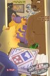 2:3 anthro being_watched blush box container delivery_(commerce) dialogue digcitrus domino's_pizza double_penetration embarrassed english_text equid equine felid fellatio food_delivery furniture group hi_res lion looking_at_another male male/male mammal money nude oral pantherine penetration penile pizza_box pizza_delivery septenmber sex sofa sofa_sex text towel zebra