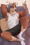 2026 absurd_res anthro antlers armpit_hair artist_name biceps body_hair borkthunder bottomwear brown_body brown_fur clothing deer digital_media_(artwork) electronics eyes_closed footwear fur furniture headphones hi_res horn jewelry listening_to_music male mammal musical_note musical_symbol necklace on_sofa pendant shirt shorts sitting sitting_on_sofa socks sofa solo symbol tank_top text topwear
