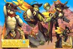 3:2 accessory antennae_(anatomy) anthro anus arthropod body_mod bounty_hunter brawlhalla butt buttplug_pullout clothing facial_piercing floating food furgonomic_piercing furgonomics genital_piercing genitals gilded_mantis gold_(metal) gold_jewelry hat headgear headwear hi_res holding_food holding_object holding_popsicle hymenopteran insect jewelry machine male male/male penis penis_piercing piercing popsicle reno_(brawlhalla) robot studded_jewelry studs teasing vespid wasp wing_piercing wings yellow_eyes