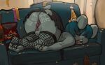 anal anal_beads anal_beads_in_ass anal_penetration anthro anus ass_up backsack balls big_butt biped bodily_fluids body_writing bottomwear butt clothing digital_media_(artwork) drooling feet femboy fishnet_stockings furniture genitals hat headgear headwear hi_res huge_butt lagomorph latchk3y leporid lying male male_anthro mammal object_in_ass on_front on_sofa open_mouth party_hat penetration rabbit saliva sex_toy sex_toy_in_ass sex_toy_insertion skirt sleeping sofa soles solo toes