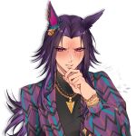  1girl absurdres animal_ears artist_request black_sweater blush bracelet commentary curtained_hair ear_ornament fenomeno_(gouki_naru_shien)_(umamusume) fenomeno_(umamusume) finger_to_own_chin flipped_hair forehead highres horse_ears horse_girl horse_tail jacket jewelry long_hair long_sleeves looking_at_viewer multicolored_hair necklace parted_bangs purple_eyes purple_hair purple_jacket shirt solo suit_jacket sweater tail turtleneck turtleneck_sweater umamusume untranslatable_commentary upper_body 