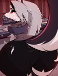 anthro big_butt bottomwear butt canid canid_demon canine clothing crop_top curvy_figure demon female fur furniture grey_hair hair hellaverse hellhound helluva_boss hi_res hourglass_figure huge_butt huge_hips huge_thighs hyper hyper_butt leaning looking_back loona_(helluva_boss) mammal mythological_canine mythological_creature mythology office on_model rear_view red_sclera shirt shorts tail thick_thighs topwear torn_clothing white_body white_fur wide_hips zerrymon
