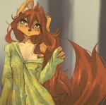 abstract_background absurd_res anthro apogee_(tinygaypirate) arm_tattoo arm_tuft breasts bridge_piercing brown_eyes brown_hair canid canine canis cheek_piercing cheek_tuft clothed clothing countershade_torso countershading domestic_dog ear_piercing ear_ring eyebrow_through_hair eyebrows eyelashes eyelashes_through_hair facial_piercing facial_tattoo facial_tuft female fluffy fluffy_tail freckled_ears freckled_face freckled_shoulders freckles fur gauged_ear hair half-length_portrait hi_res inner_ear_fluff long_hair long_tail looking_at_viewer mammal markings mottled mottled_nose neck_tattoo nose_piercing off_shoulder one_ear_up oversized_clothing pajamas patch_(marking) piercing portrait ring_piercing shoulder_tuft slim small_breasts smile solo spitz tail tan_body tan_countershading tan_fur tan_inner_ear tan_inner_ear_fluff tan_markings tattoo tinygaypirate translucent translucent_hair tuft