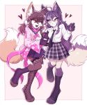 2024 3rdperson_iz accessory anthro asian_clothing black_clothing bottomwear brown_body brown_hair canid canine clothed clothing dipstick_tail duo east_asian_clothing feet female female_anthro fishnet_clothing fishnet_legwear fox fur hair heart_symbol hi_res inner_ear_fluff japanese_clothing legwear long_hair mammal markings necktie one_eye_closed pink_clothing purple_clothing purple_hair school_uniform shirt skirt smile tail tail_markings toes topwear tuft uniform white_body white_clothing white_fur