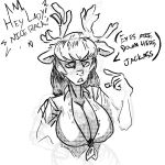 1:1 anthro breasts clothing deer dialogue ears_down exclamation_point eyebrows female gesture hand_gesture horn mammal monochrome open_mouth pivoted_ears pointing pointing_at_self shirt slumdog_milly solo speech_bubble text topwear