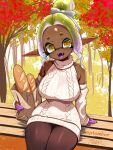 2026 3:4 aquatic bench big_breasts bread breasts cephalopod clothing dark_body dark_skin eyebrows female food frye_(splatoon) hi_res humanoid humanoid_pointy_ears inkling mollusk nintendo open_mouth open_smile pointy_ears pseudo_hair sitting smile solo splatoon sweater t2ukmyjm tentacle_hair tentacles topwear wide_hips yellow_eyes