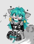 amputee anthro ball_gag bdsm bitkat blue_eyes blue_hair blush bondage bound bra clothing collar disability domestic_cat double_amputee felid feline felis female fur gag grey_body grey_fur hair heart_symbol hi_res long_hair mammal restraints rope rope_bondage simple_background solo submissive submissive_female underwear