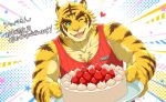  1boy absurdres animal_ears bara birthday_cake cake commentary_request fangs food fruit furry furry_male happy_birthday heart highres holding holding_plate looking_at_viewer male_focus morenatsu mz0re one_eye_closed open_mouth plate red_tank_top smile strawberry tank_top tiger_boy tiger_ears tiger_stripes torahiko_oshima translation_request yellow_fur 