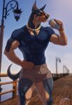 5_fingers anthro beverage black_body black_fur black_nose bottomwear brown_body brown_fur canid canine canis clothed clothed_anthro clothed_male clothing dobermann domestic_dog drinking eyewear feralise fingers fur hi_res humanoid_hands jewelry male mammal multicolored_body multicolored_fur muscular muscular_anthro muscular_male navel necklace outside pinscher shirt shorts solo sunglasses tail topwear two_tone_body two_tone_fur