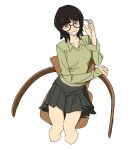  1girl absurdres black_eyes black_hair black_skirt chair closed_mouth collared_shirt cropped_legs glasses green_shirt hand_up highres long_sleeves looking_at_viewer on_chair original pleated_skirt plumblossom91 red-framed_eyewear shirt short_hair simple_background sitting skirt smile solo white_background 
