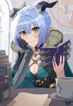  1girl animal_ears blue_hair blush braid breasts choker cleavage commentary_request goat_ears goat_girl goat_horns hair_between_eyes highres holding horns jorgeywater large_breasts long_hair looking_at_viewer lucia_elowen pointy_ears smile solo yellow_eyes zenless_zone_zero 