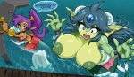 2026 accessory aquatic areola big_breasts blue_eyes breasts butt clothing crop_top cuff_(restraint) digital_drawing_(artwork) digital_media_(artwork) duo ear_fins ear_piercing ear_ring eyelashes female fin fish_tail forehead_gem gem genie giga_mermaid glistening glistening_butt glowing glowing_eyes gold_(metal) gold_jewelry green_areola green_body green_nipples hair hair_accessory hi_res huge_breasts humanoid humanoid_pointy_ears jewelry jumping long_hair looking_at_another looking_at_breasts looking_at_own_breasts looking_at_self macro_female macro_humanoid meralo merfolk nipples pearl_(gem) piercing pink_body pointy_ears ponytail purple_hair red_clothing restraints ring_piercing shake_lines shantae shantae_(series) shirt size_difference smaller_female smaller_humanoid smile split_form surprised tan_body topwear undressing_another water wayforward wrist_cuffs
